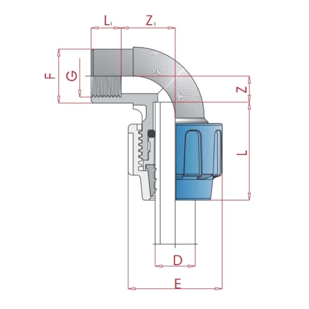 PP PE trubková šroubení 90° úhel 20 x 1/2" IG-0