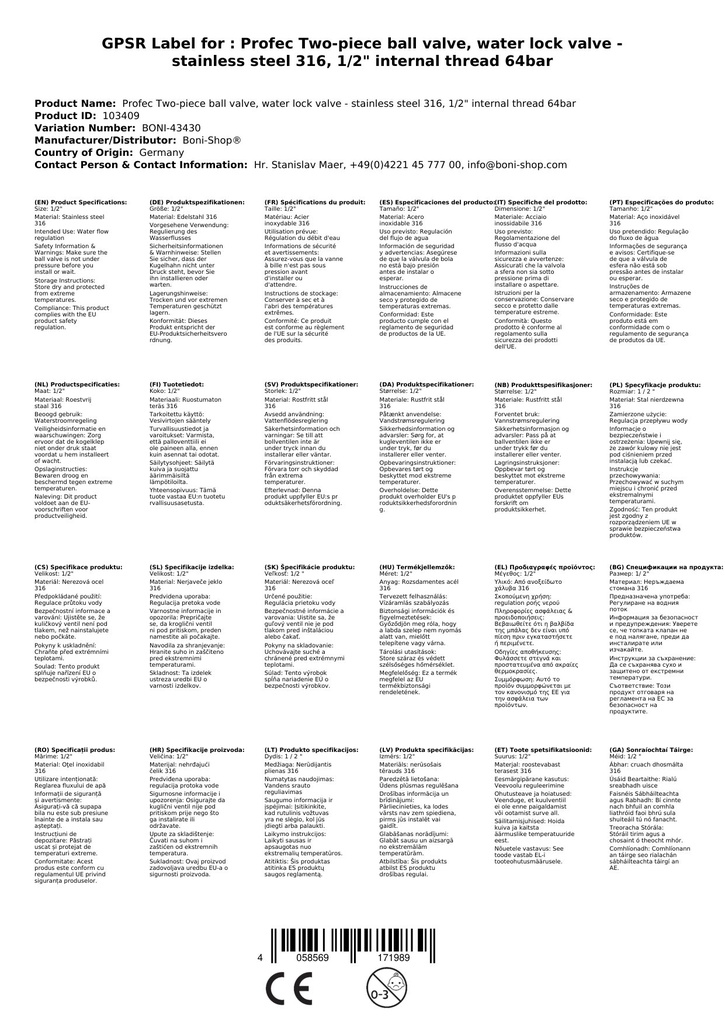 Profec Dvoudílný kulový ventil, vodní uzavírací ventil - nerezová ocel 316, 1/2" vnitřní závit 64 bar-0