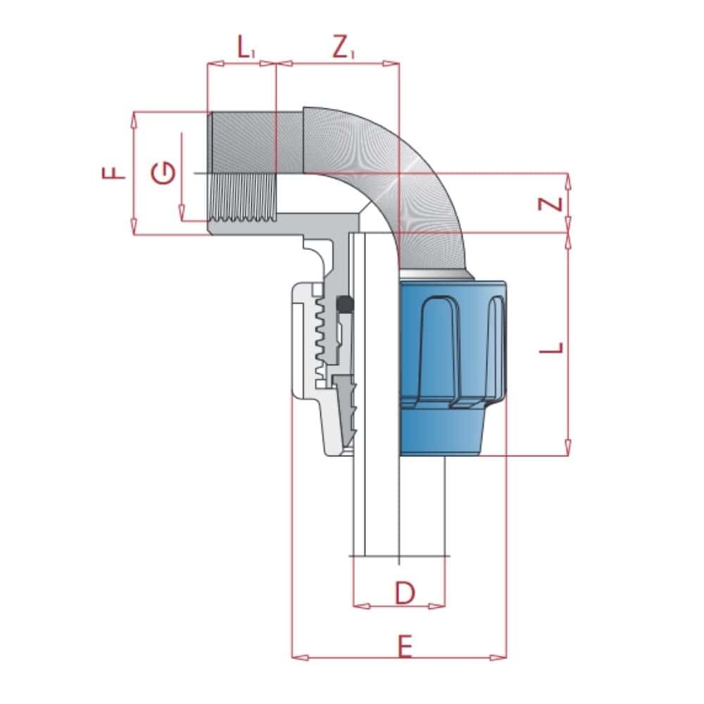 PP PE trubková šroubení 90° úhel 40 x 1 1/4" IG-0