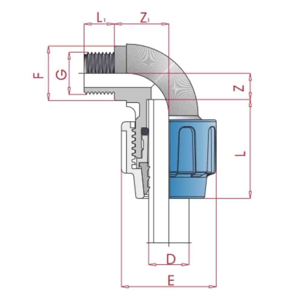 PP PE trubková šroubení 90° úhel 20 x 1/2" AG-0