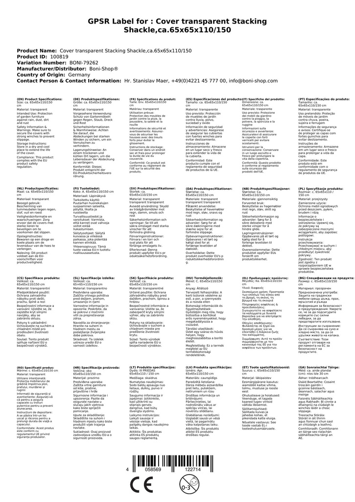 Průhledný ochranný obal na stohovatelnou židli, cca 65x65x110/150-1