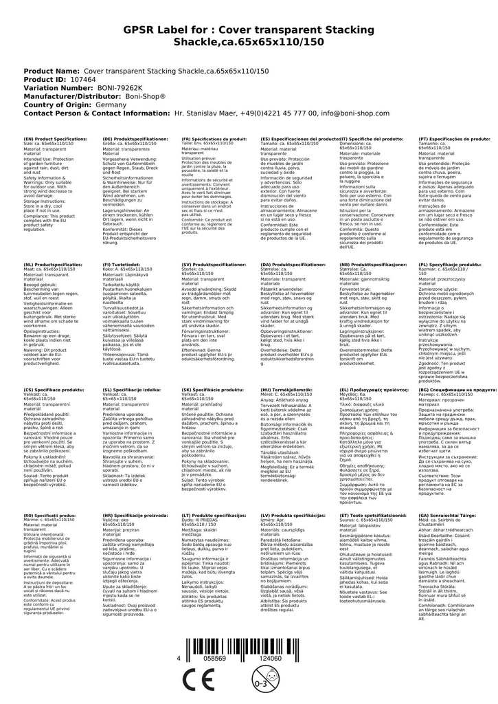 Ochranný kryt průhledný stohovatelná židle, cca 65x65x110/150-1