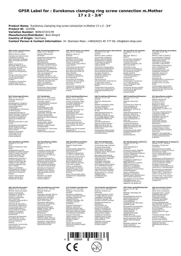 Eurokonus upínací kroužková šroubovací spojka s maticí 17 x 2 - 3/4"-2