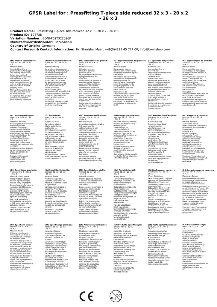 Lisovací t-kus redukovaná strana 32 x 3 - 20 x 2 - 26 x 3-3