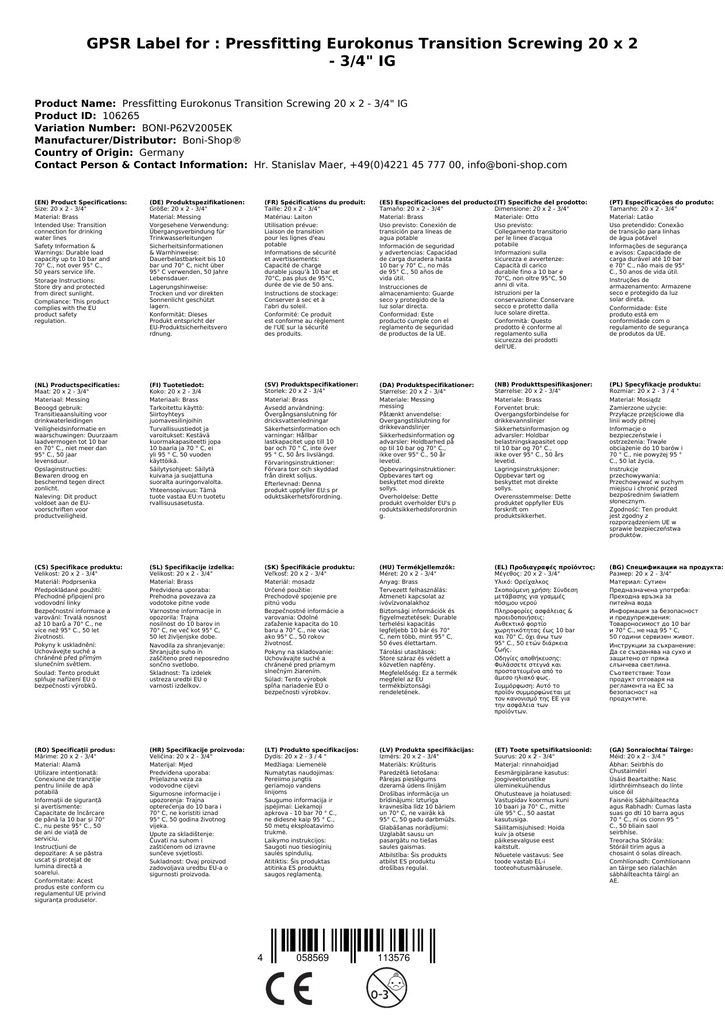 Lisovací tvarovka Eurokonus přechodová šroubení 20 x 2 - 3/4" IG-3