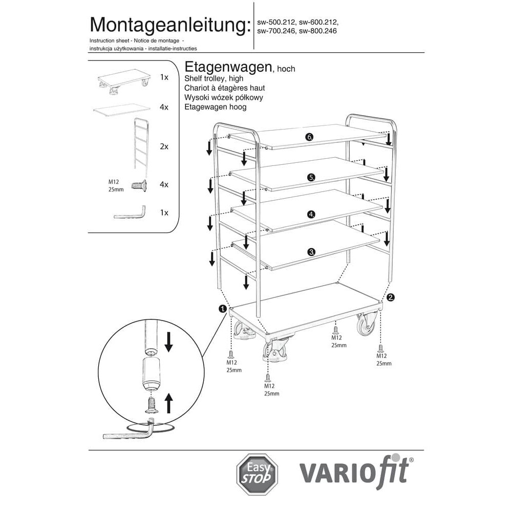 Vozík s vysokými regály s 5 policemi 250 kg nosnost Typ S + EasySTOP-0