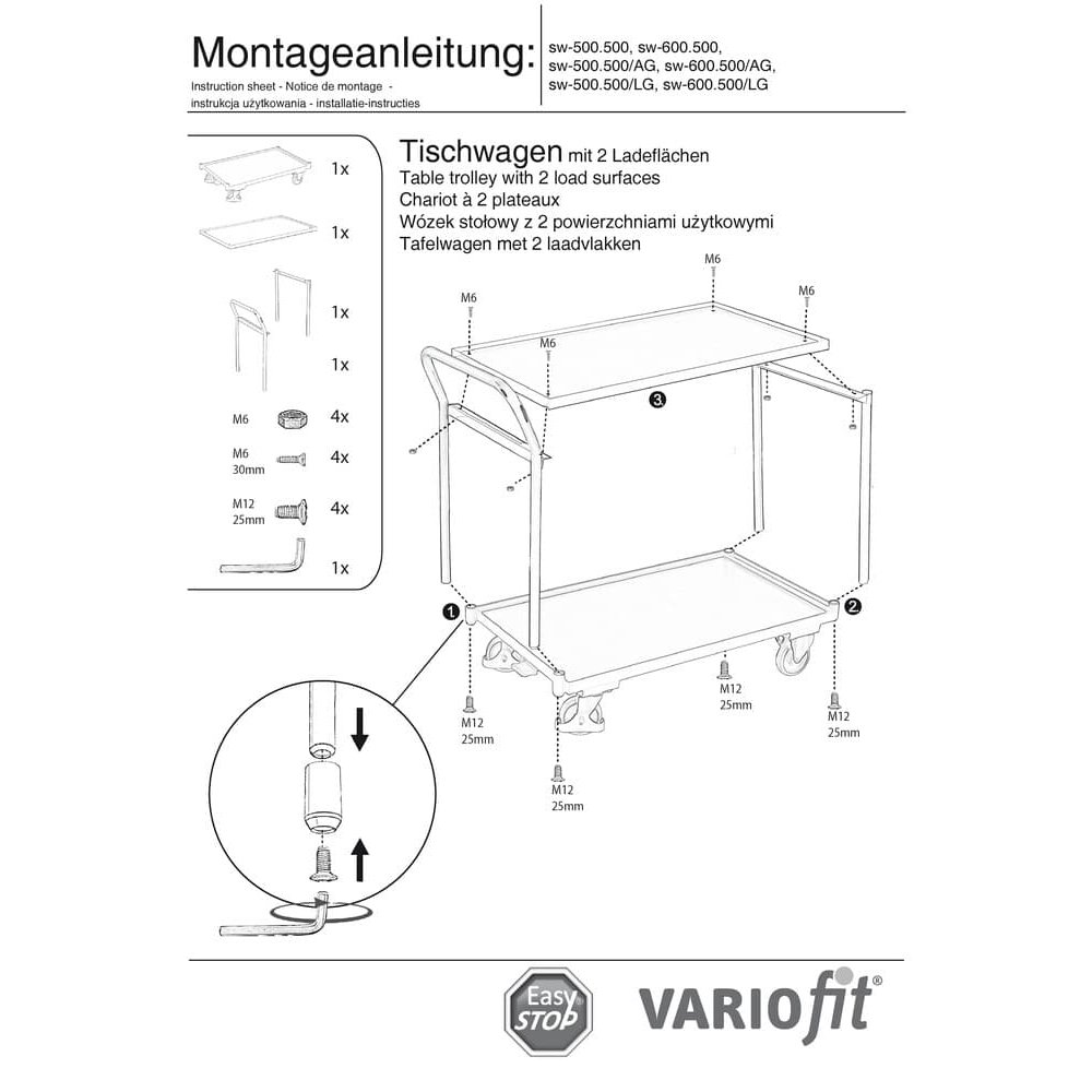 Stůl vozík 250 kg s 2 nakládacími plochami vysoké tlačné rukojeti Typ M + EasySTOP-0