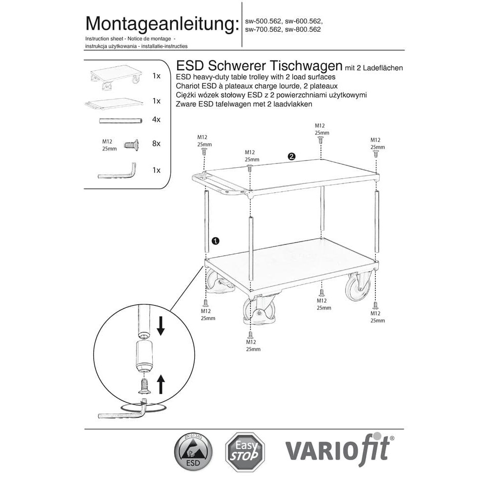 Těžký ESD stolní vozík s 2 nakládacími plochami Typ S + EasySTOP-0