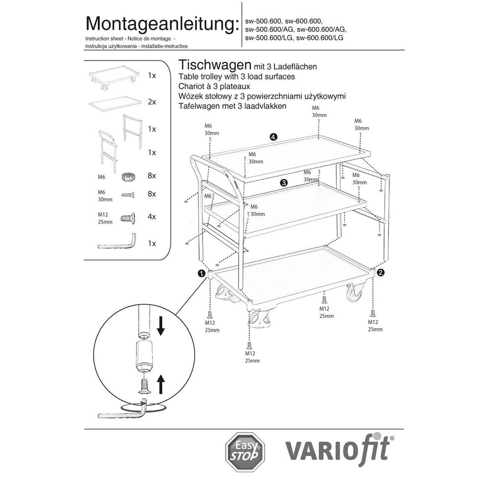 Pojízdný stůl 250 kg se 3 nakládacími plochami vysoká tlačná rukojeť Typ M + EasySTOP-0