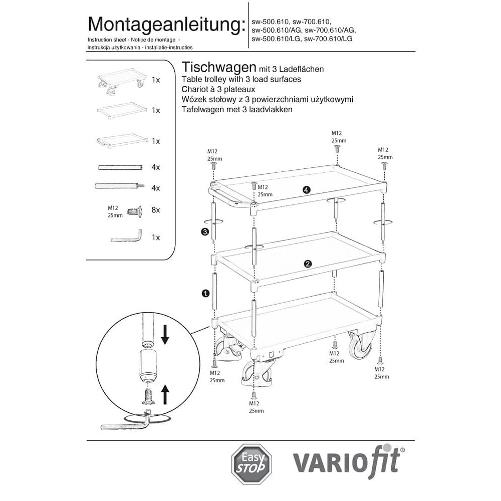 Vozík se 3 patry, okraj vany 40 mm vysoký + EasySTOP-1