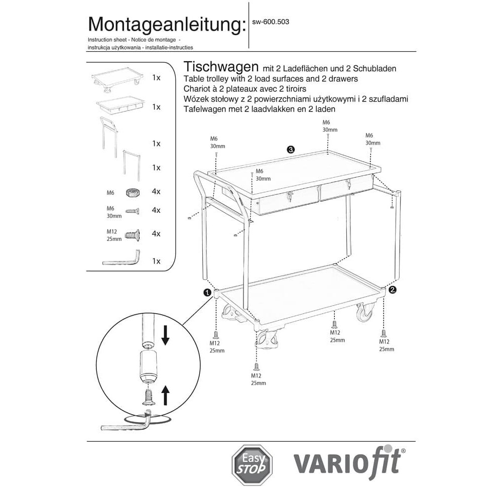 Stůl na kolečkách 250 kg se 2 uzamykatelnými zásuvkami vysoké madlo + EasySTOP-0