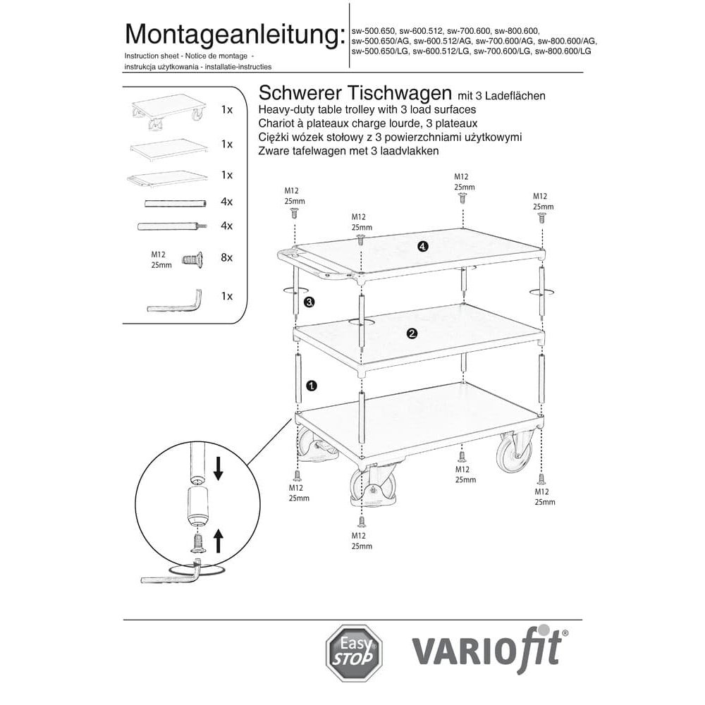 Těžký stolek 500 kg se 3 nakládacími plochami Typ M + EasySTOP-0