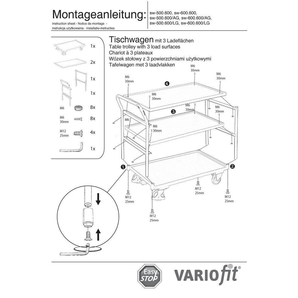 Stolek 250 kg s 3 nakládacími plochami vysoké posuvné madlo Typ L + EasySTOP-0