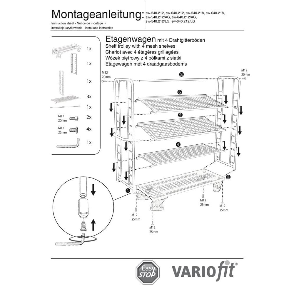 Patrový vozík se 4 drátěnými policemi s práškovým povlakem 400 kg typ L + EasySTOP-1