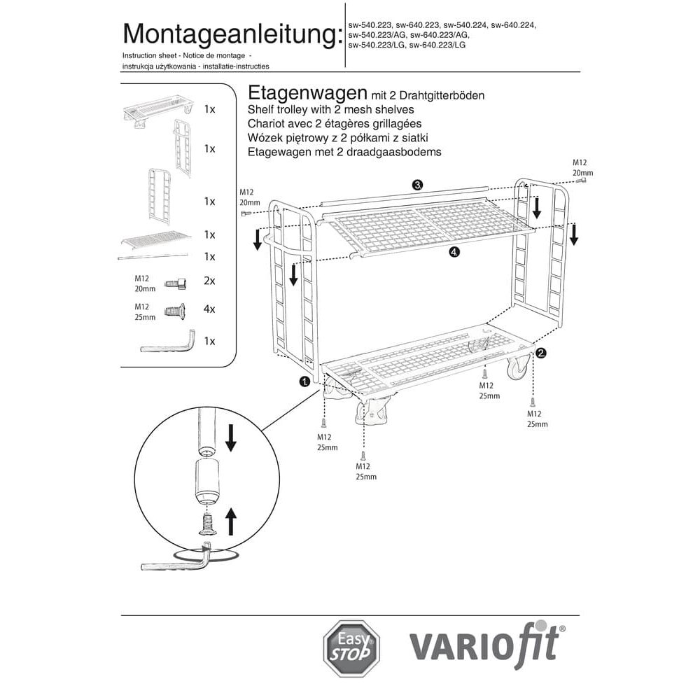 Policový vozík se 2 drátěnými policemi pozinkovaný nosnost 400 kg Typ L + EasySTOP-0