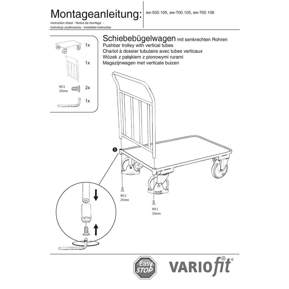 Vozík s posuvným madlem 400 kg 4 svislými trubkami typ M + EasySTOP-0