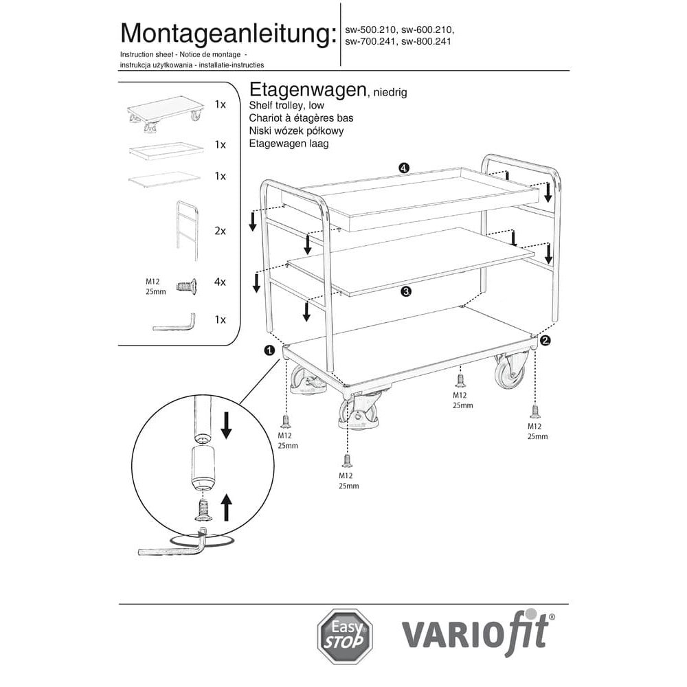 Etážový vozík s 1 táckem a 2 policemi 250 kg nosnost Typ L + EasySTOP-1