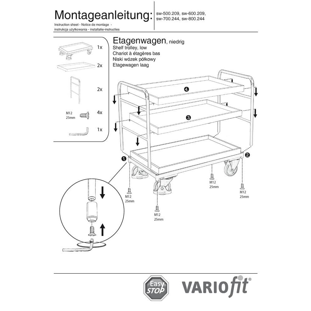 Vozík s 3 policemi 250 kg nosnost Typ L + EasySTOP-0