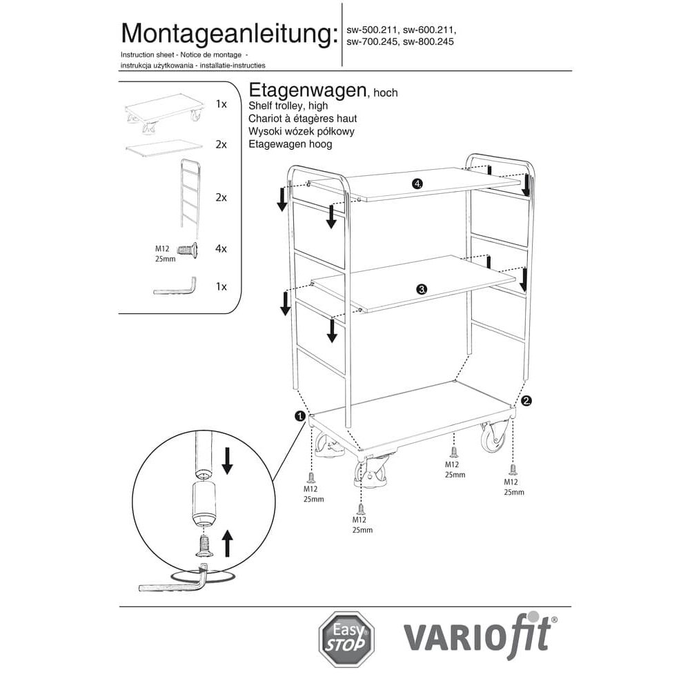 Vozík vysoký s 5 policemi 250 kg nosnost Typ L + EasySTOP-1