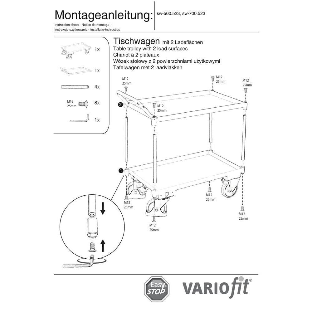 Velký stolek s 2 policemi, vaničkou 40 mm vysokou, vysokou tlačnou rukojetí + EasySTOP-0