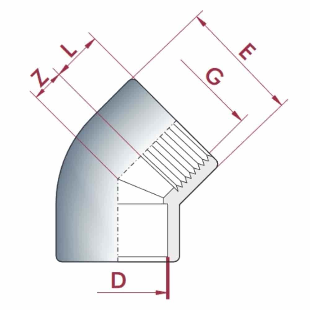 PVC - U 45° Winkel Muffe x IG 20 mm x 1/2"PN10-0