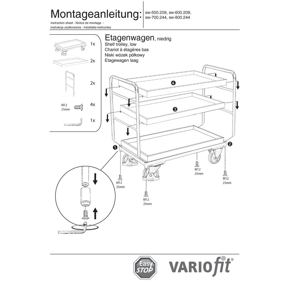 Regálový vozík se 3 tácy 250 kg Typ M + EasySTOP-1