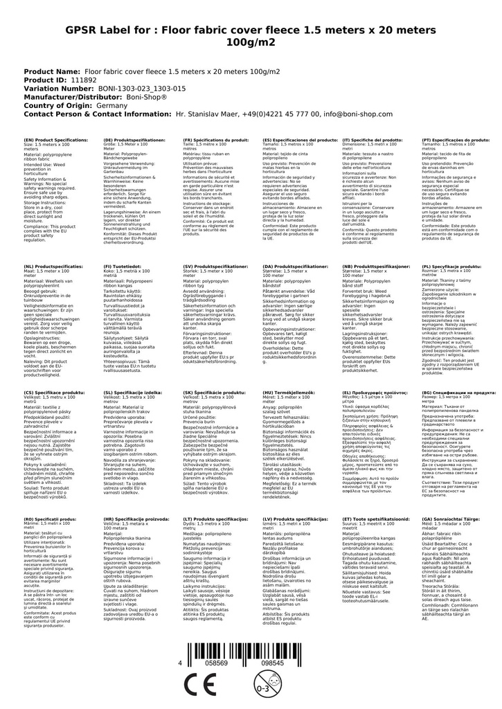 Půdní textilie Krycí plst 1,5 metru x 20 metrů 100g/m²-2