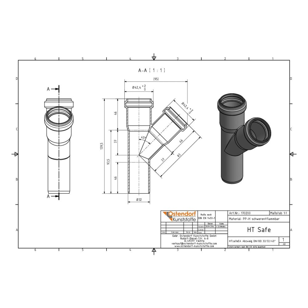 HTsafeEA Odbočka DN/OD 32/32 45 stupňů-1