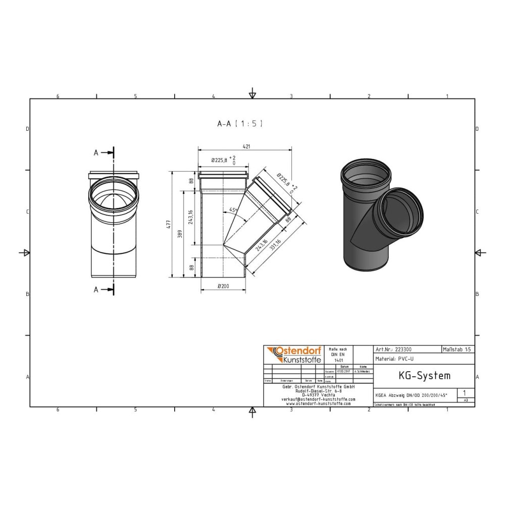 KGEA odbočka DN/OD 200/160 45 stupňů-1