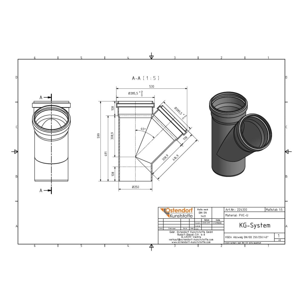 KGEA Odbočka DN/OD 250/250 45 Stupňů-1