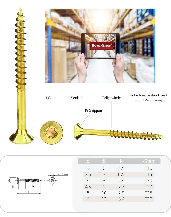 Dřevotřískové šrouby 3,0 x 35 mm 1000 kusů s I-hvězdou, zápustnou hlavou, částečným závitem a frézovacími žebry pod hlavou-3